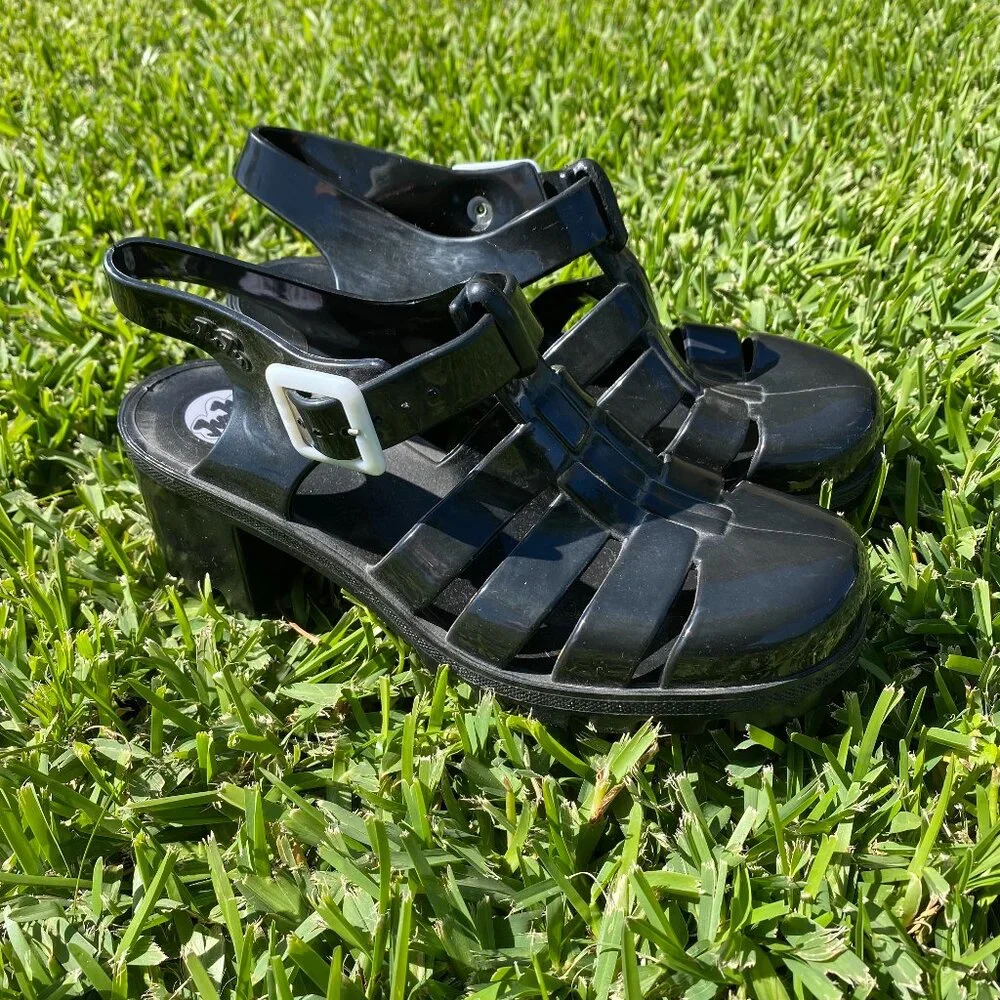 JuJu & Co. Jelly Black Sandal Chunky Heels With Buckle Strap Women's 6 / UK 4 - Picture 1 of 4